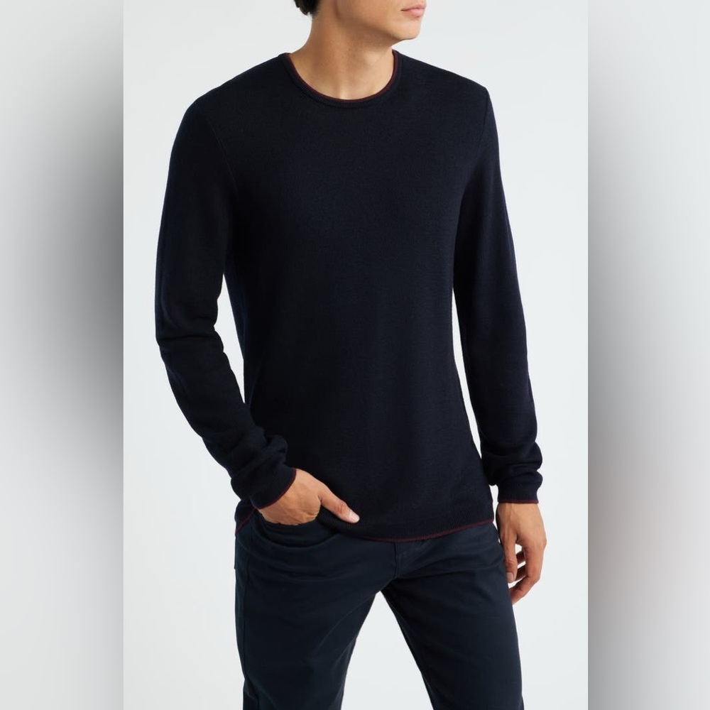 Jack Victor Belvedere Tipped Merino Wool Crewneck Sweater Navy Large
